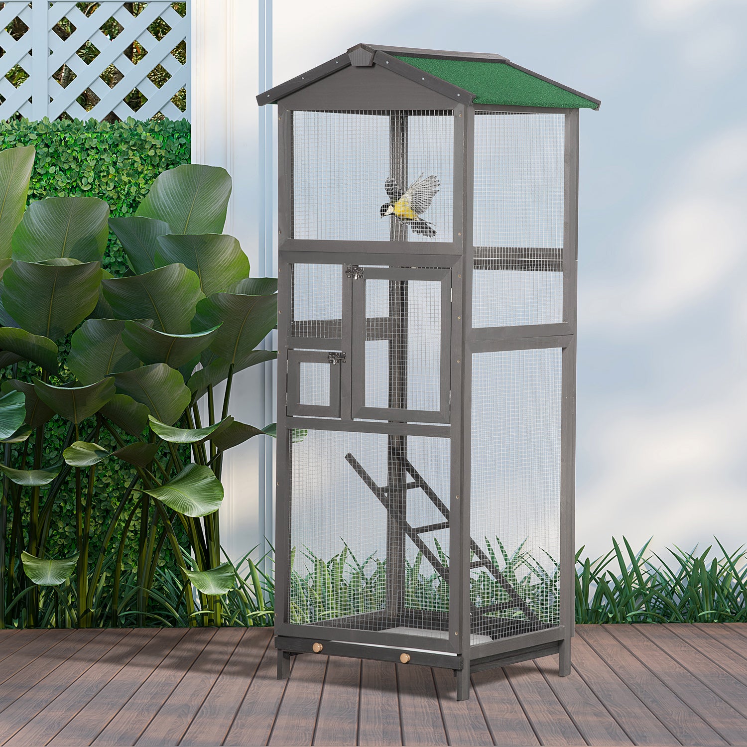 65" Wooden Bird Cage Outdoor Aviary House For Parrot, Parakeet, With Pull Out Tray And 2 Doors, Grey