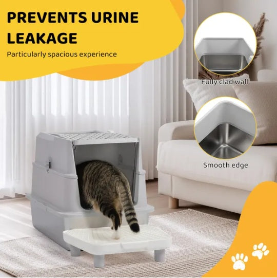 Extra Large Covered Stainless Steel Cat Litter Box with Scoop