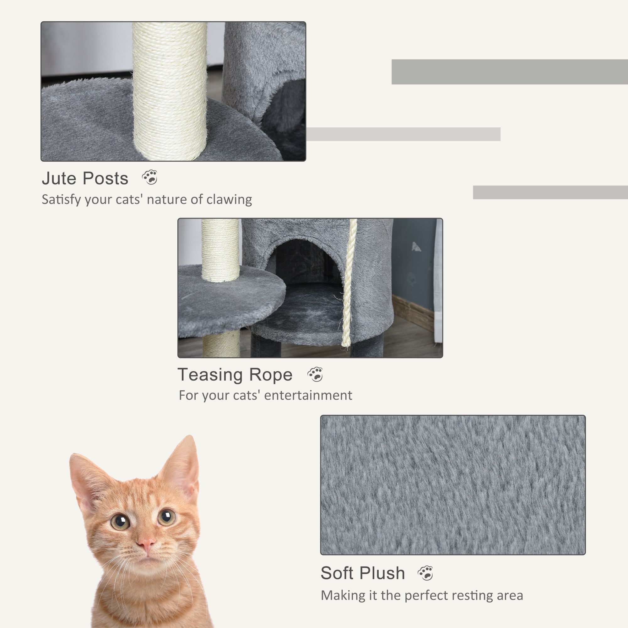 PawHut Cat Tree Tower For Indoor Cats 112cm Climbing Kitten Activity Center With Jute Scratching Post Perch Hanging Ball Toy Teasing Rope Dark Grey