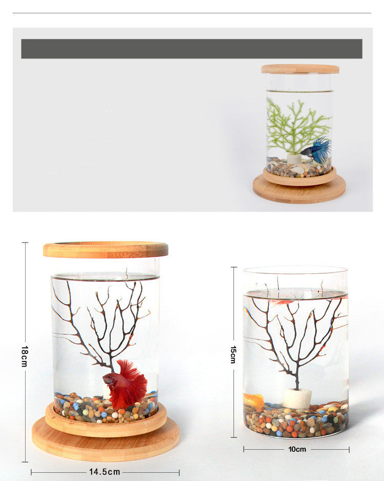 Mini Bamboo Base Glass Fish Bowl — Desktop Decoration