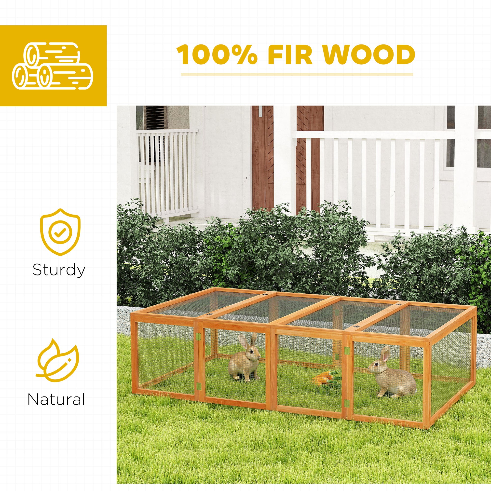 PawHut Wooden Rabbit Hutch Cage 6ft With Wire Mesh, Openable Roof, Play Space For Outdoor, Natural Wood Finish