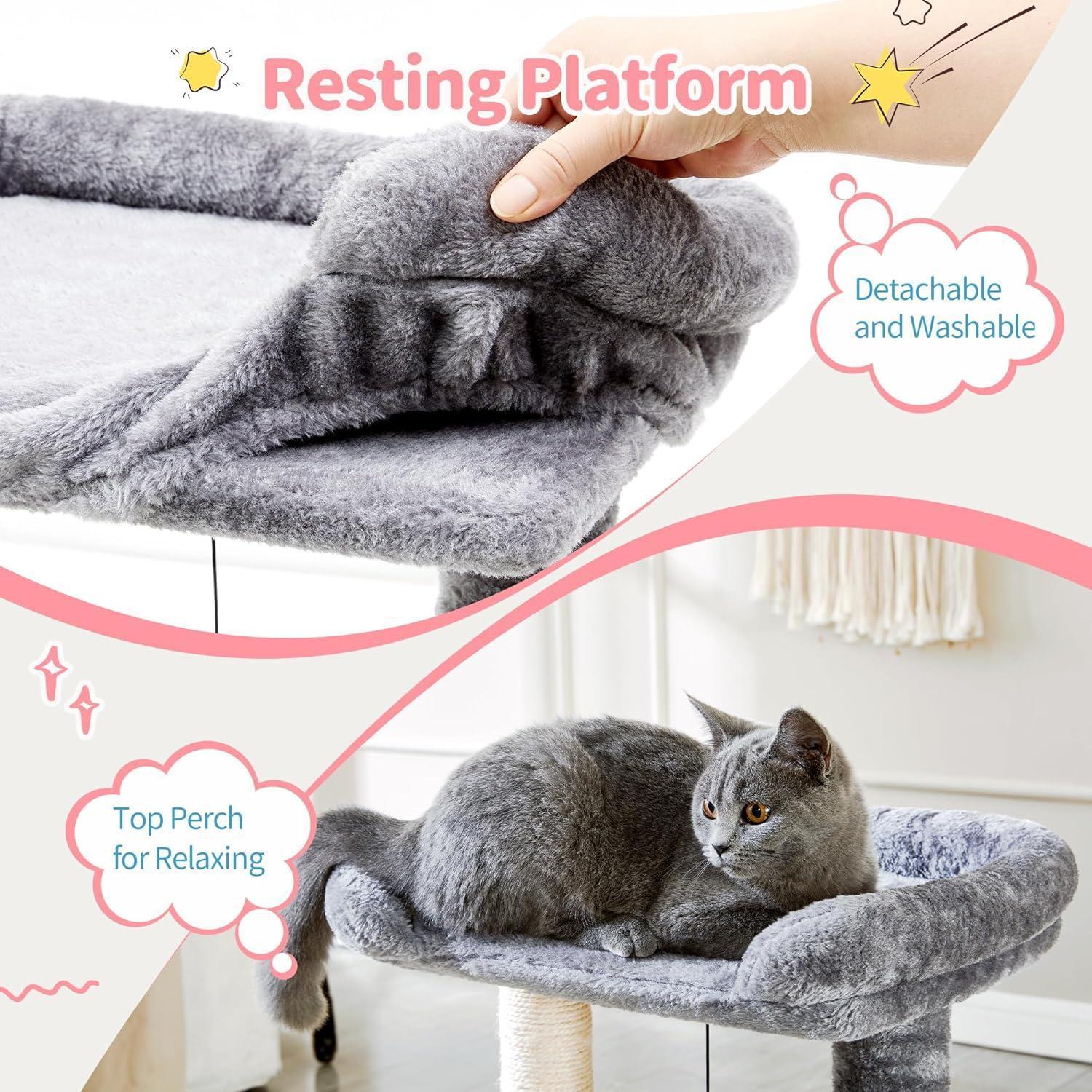 4-in-1 Cat Tree Tower with Scratching Post, Bed & Grooming Brush