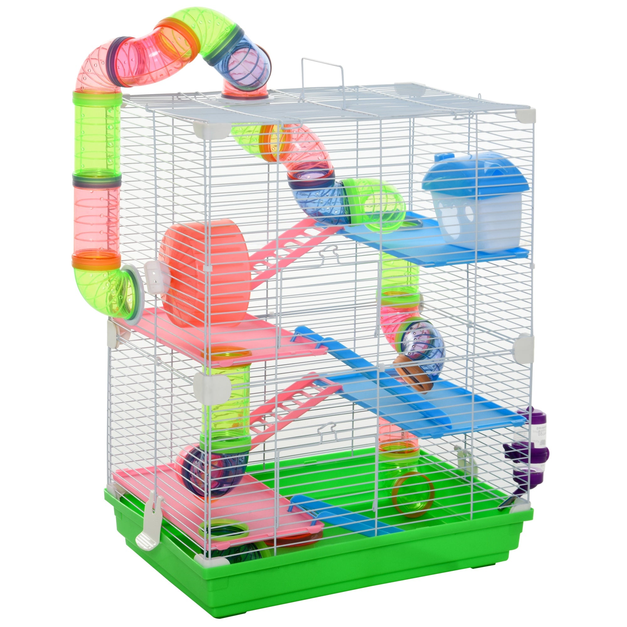 PawHut 5 Tier Hamster Cage Carrier Habitat W/ Exercise Wheels, Tunnel, Green