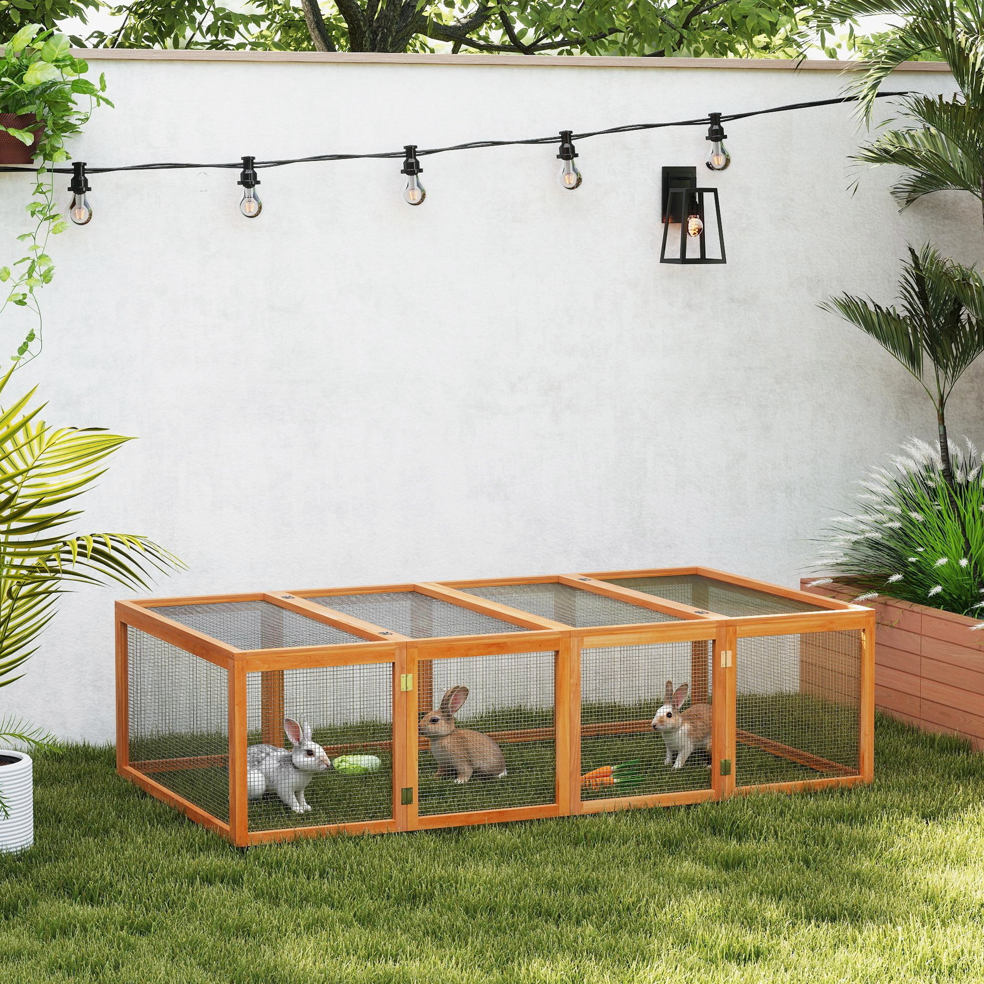 PawHut Wooden Rabbit Hutch Cage 6ft With Wire Mesh, Openable Roof, Play Space For Outdoor, Natural Wood Finish