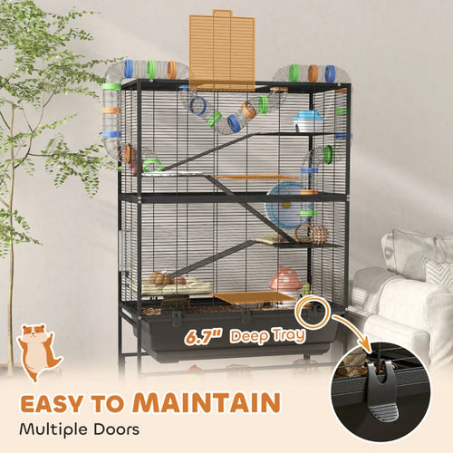 5-Tier Rolling Hamster Cage with Deep Tray, Storage Shelf & Tube System