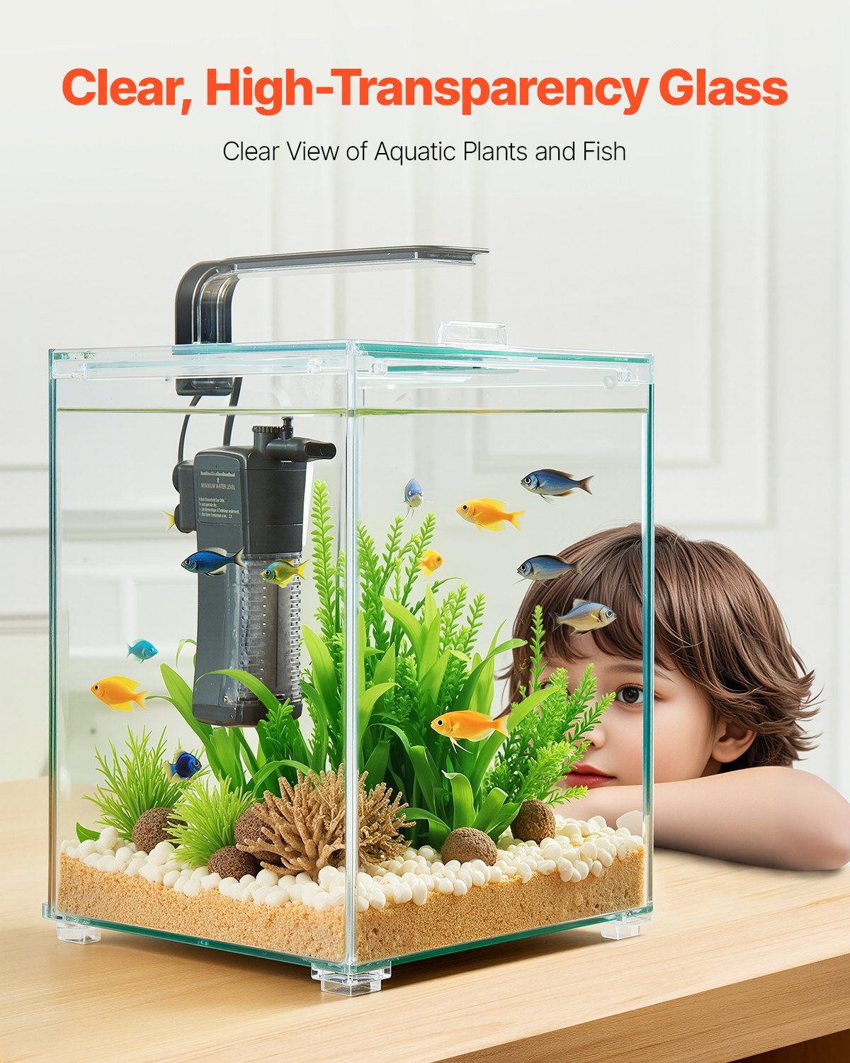 Fish Tank Aquarium, 5 Gallon Square Ultra-Clear Glass Starter Smart Tank Adjustable 3 Color Lighting, Self Cleaning System Fishbowl For Freshwater & Saltwater Fish Home, Office, Or Pet Use