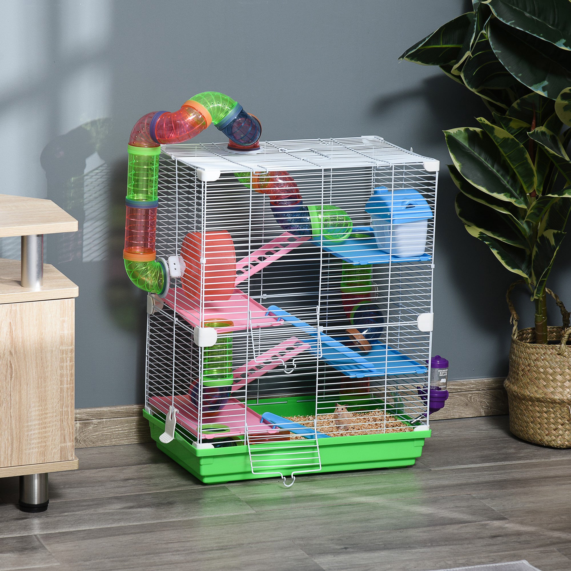 PawHut 5 Tier Hamster Cage Carrier Habitat W/ Exercise Wheels, Tunnel, Green