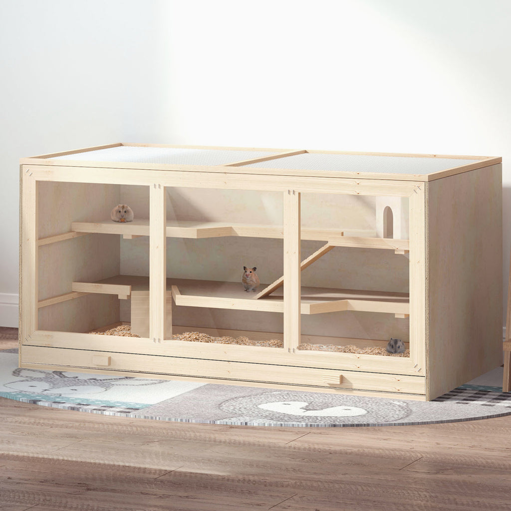 3-Tier Wooden Hamster Habitat — Large Exercise Play House with Opening Roof