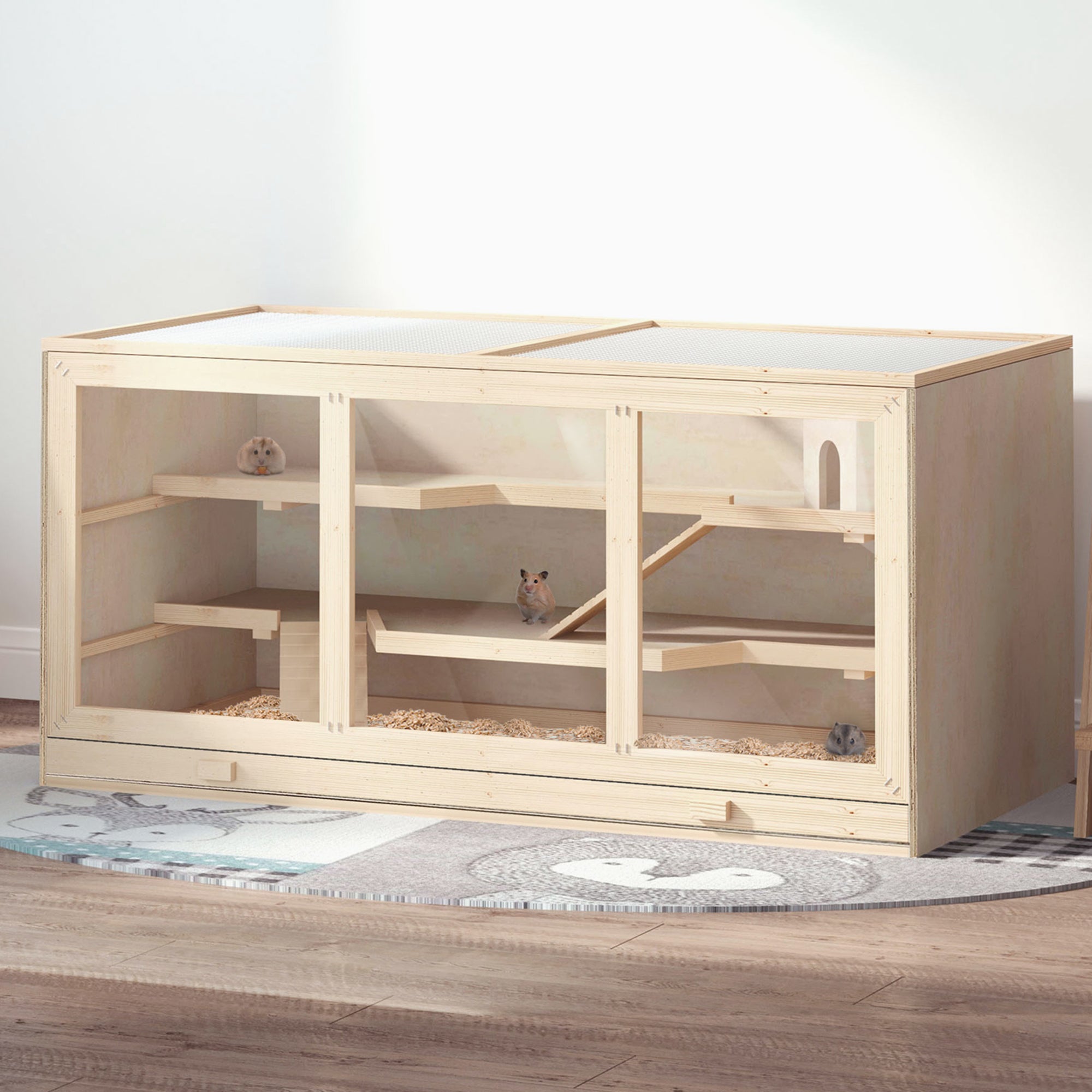 Hamster Cage 3 Tiers Wooden Big Habitat Mice Rat Exercise Play House Pen Opening Roof Ramps
