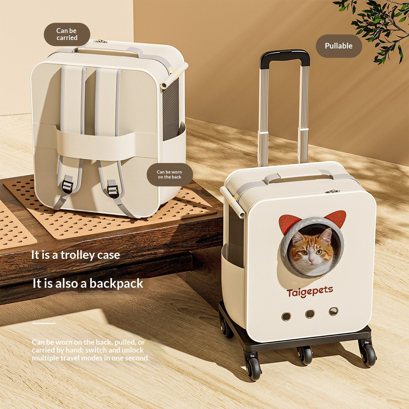 Large-Capacity Cat Carrier Trolley Bag with Shoulder Straps