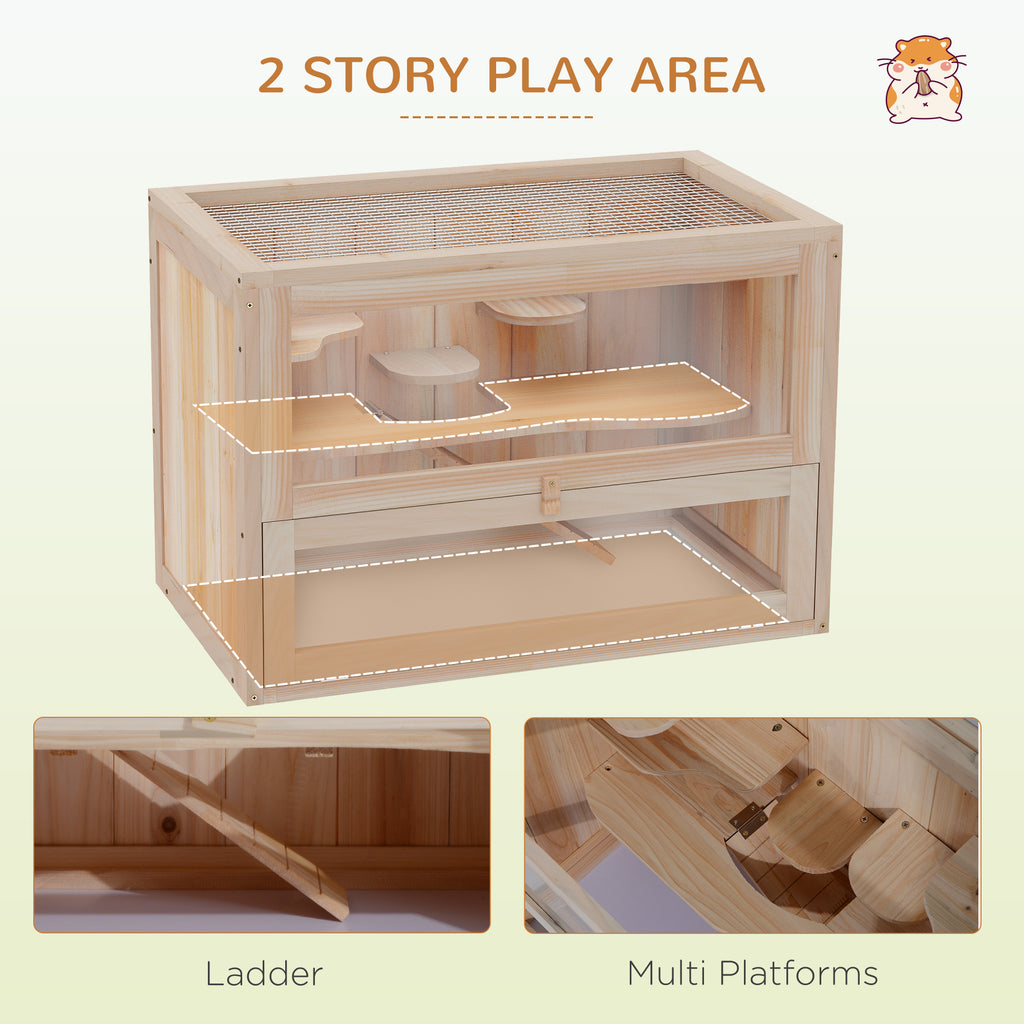 2-Level Wooden Hamster House with Glass Front & Opening Roof