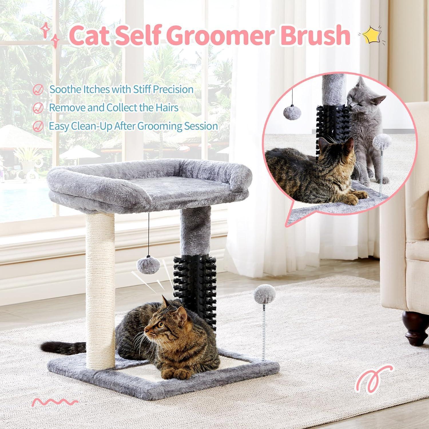 4-in-1 Cat Tree Tower with Scratching Post, Bed & Grooming Brush