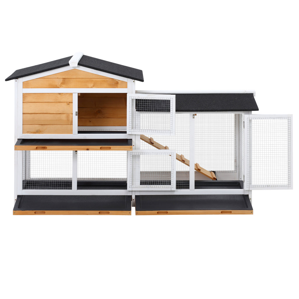 2-Story Wooden Rabbit Hutch with Ramp & Outdoor Run