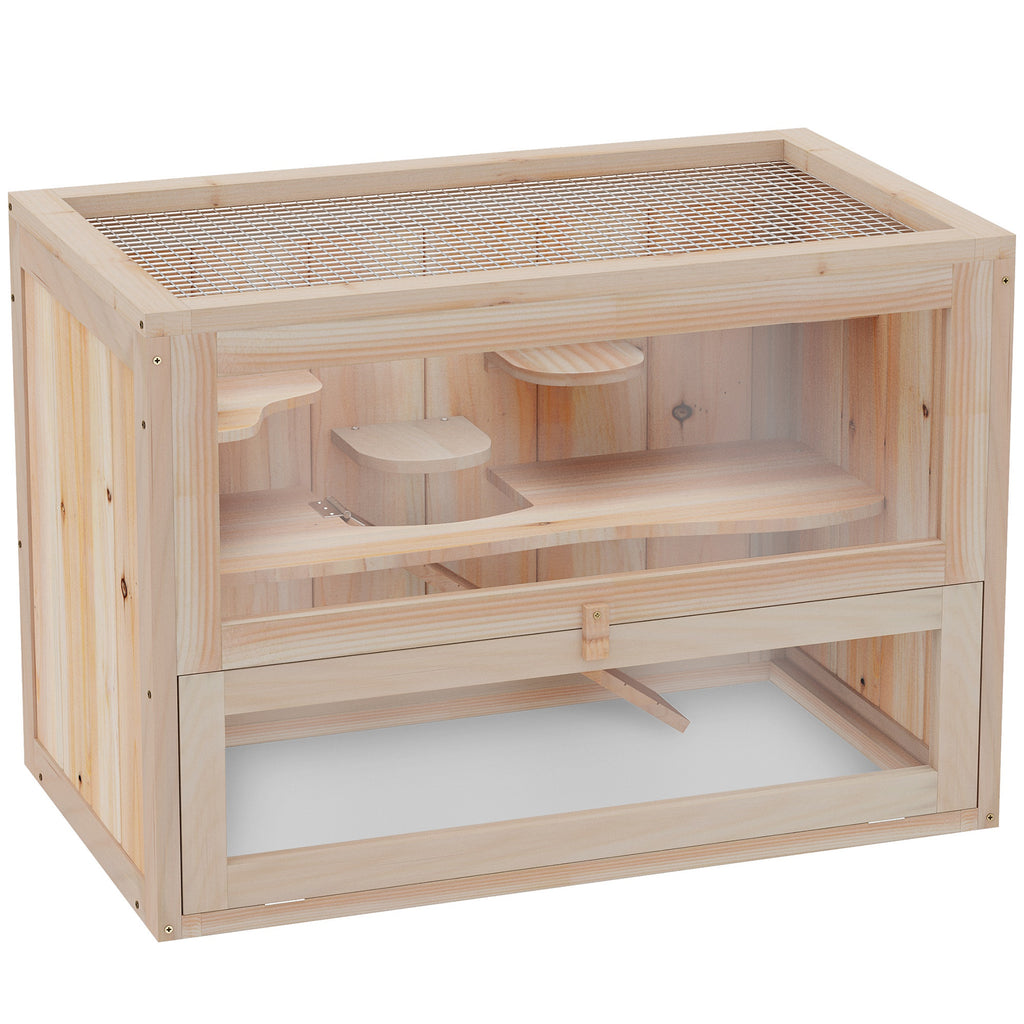 2-Level Wooden Hamster House with Glass Front & Opening Roof