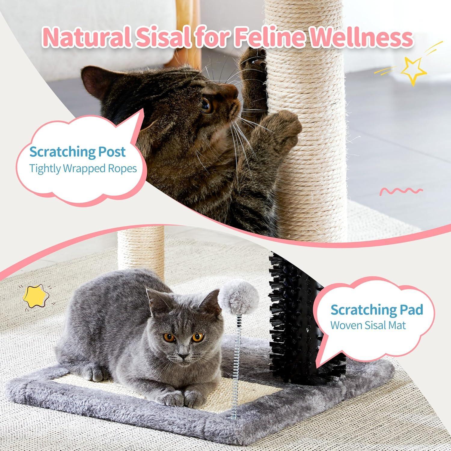 4-in-1 Cat Tree Tower with Scratching Post, Bed & Grooming Brush