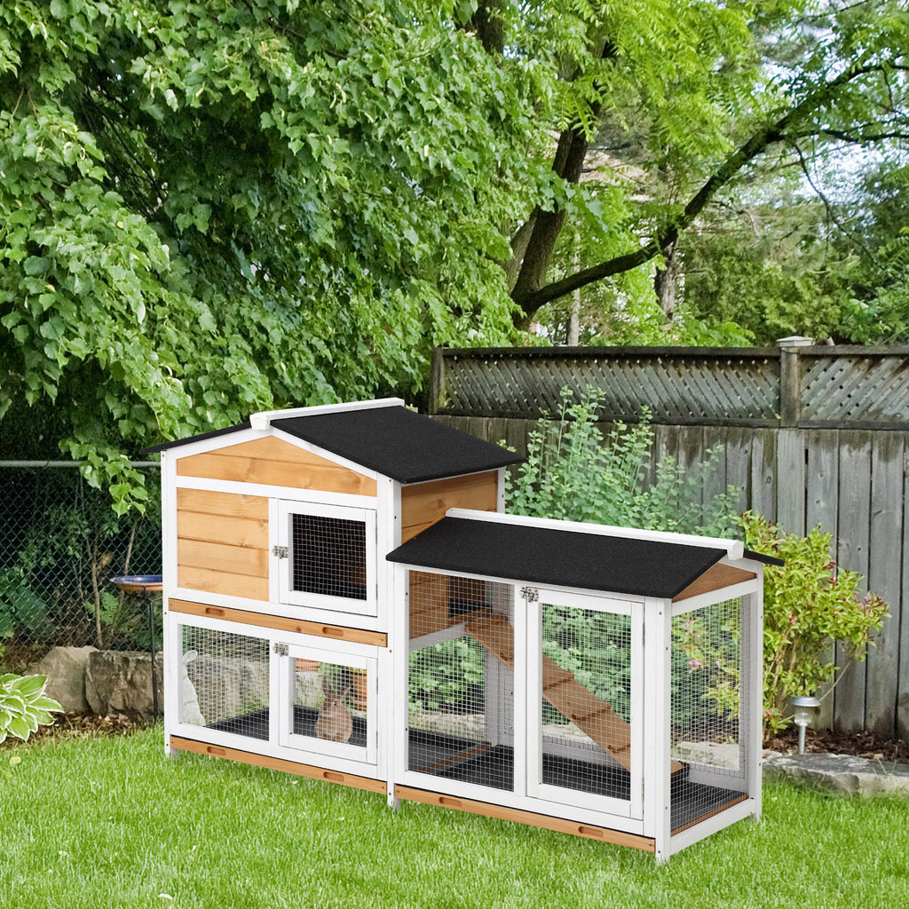 2-Story Wooden Rabbit Hutch with Ramp & Outdoor Run