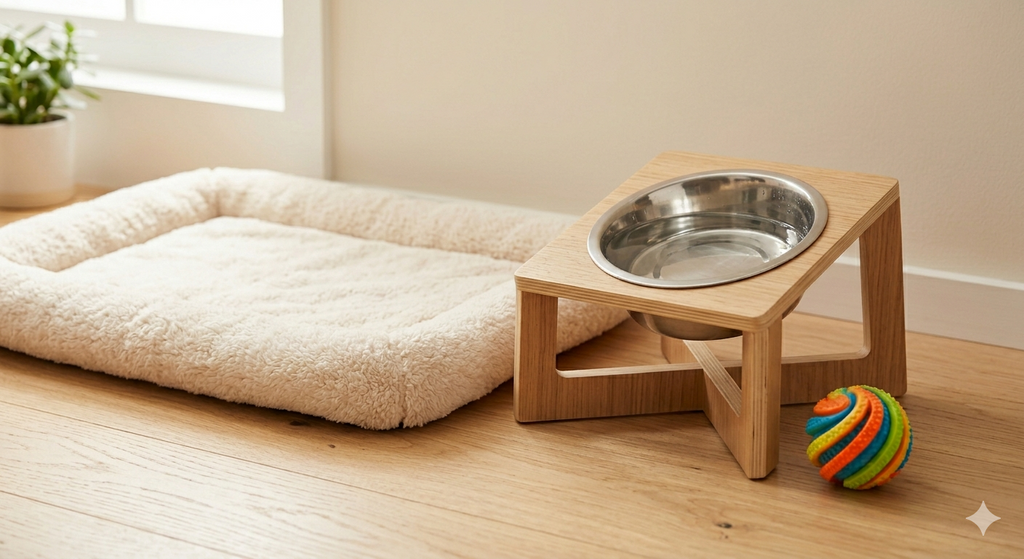Pet bed, elevated metal bowl, and colorful ball on a wooden floor.