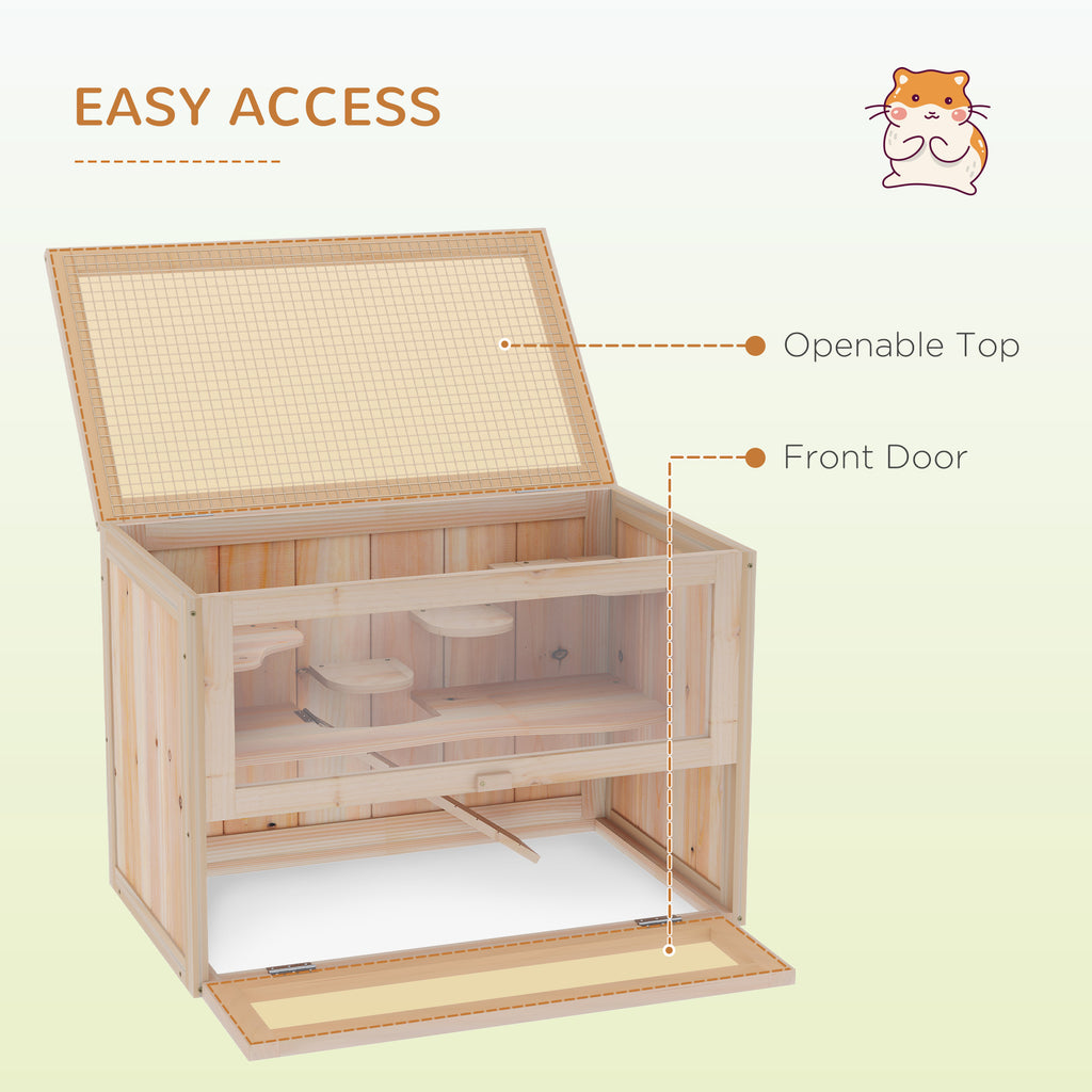 2-Level Wooden Hamster House with Glass Front & Opening Roof
