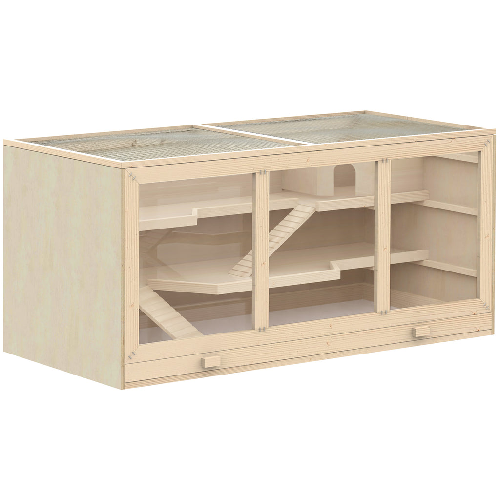 3-Tier Wooden Hamster Habitat — Large Exercise Play House with Opening Roof