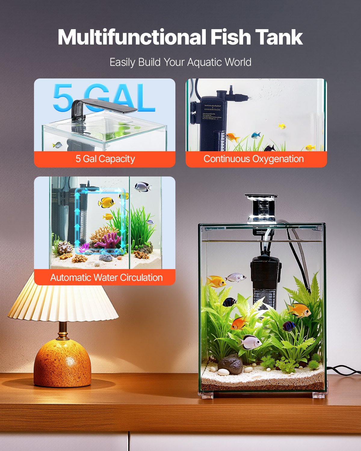 Fish Tank Aquarium, 5 Gallon Square Ultra-Clear Glass Starter Smart Tank Adjustable 3 Color Lighting, Self Cleaning System Fishbowl For Freshwater & Saltwater Fish Home, Office, Or Pet Use