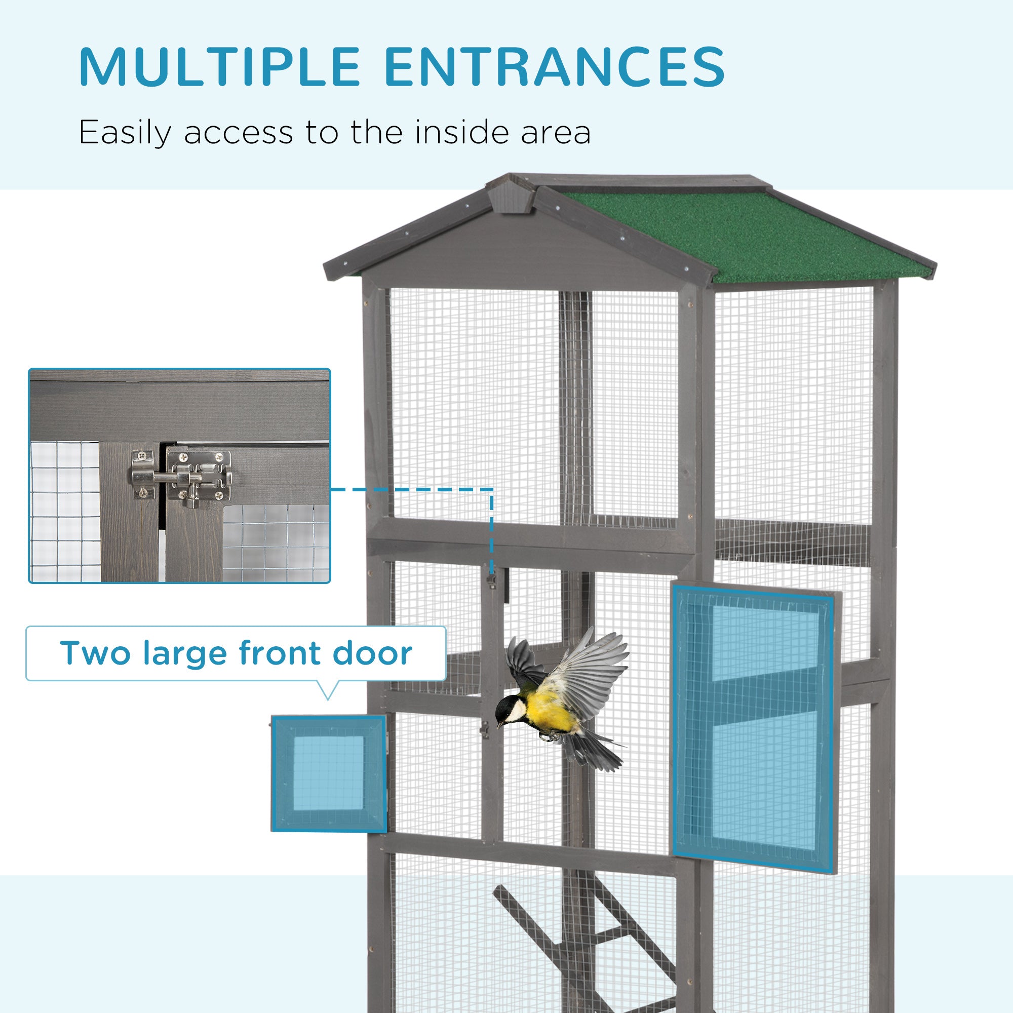 65" Wooden Bird Cage Outdoor Aviary House For Parrot, Parakeet, With Pull Out Tray And 2 Doors, Grey