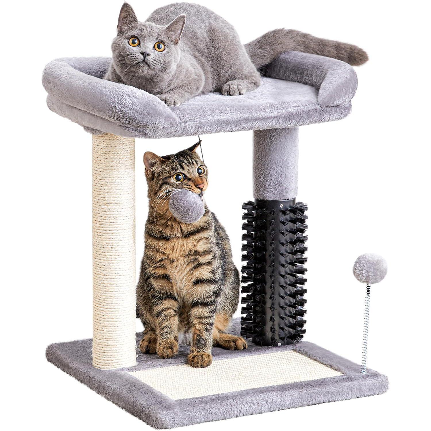 4-in-1 Cat Tree Tower with Scratching Post, Bed & Grooming Brush