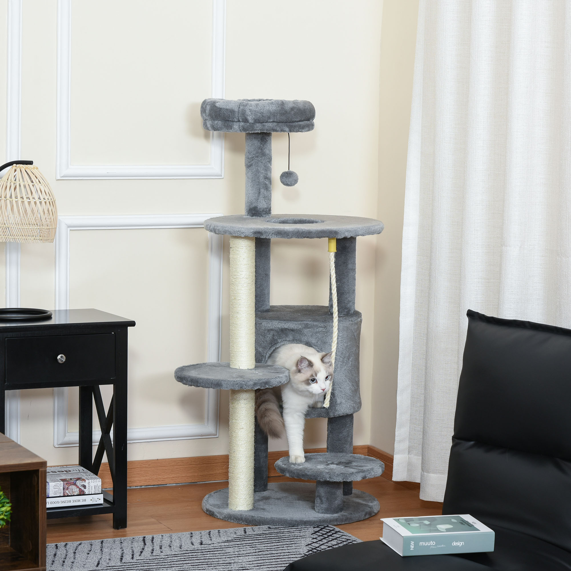 PawHut Cat Tree Tower For Indoor Cats 112cm Climbing Kitten Activity Center With Jute Scratching Post Perch Hanging Ball Toy Teasing Rope Dark Grey
