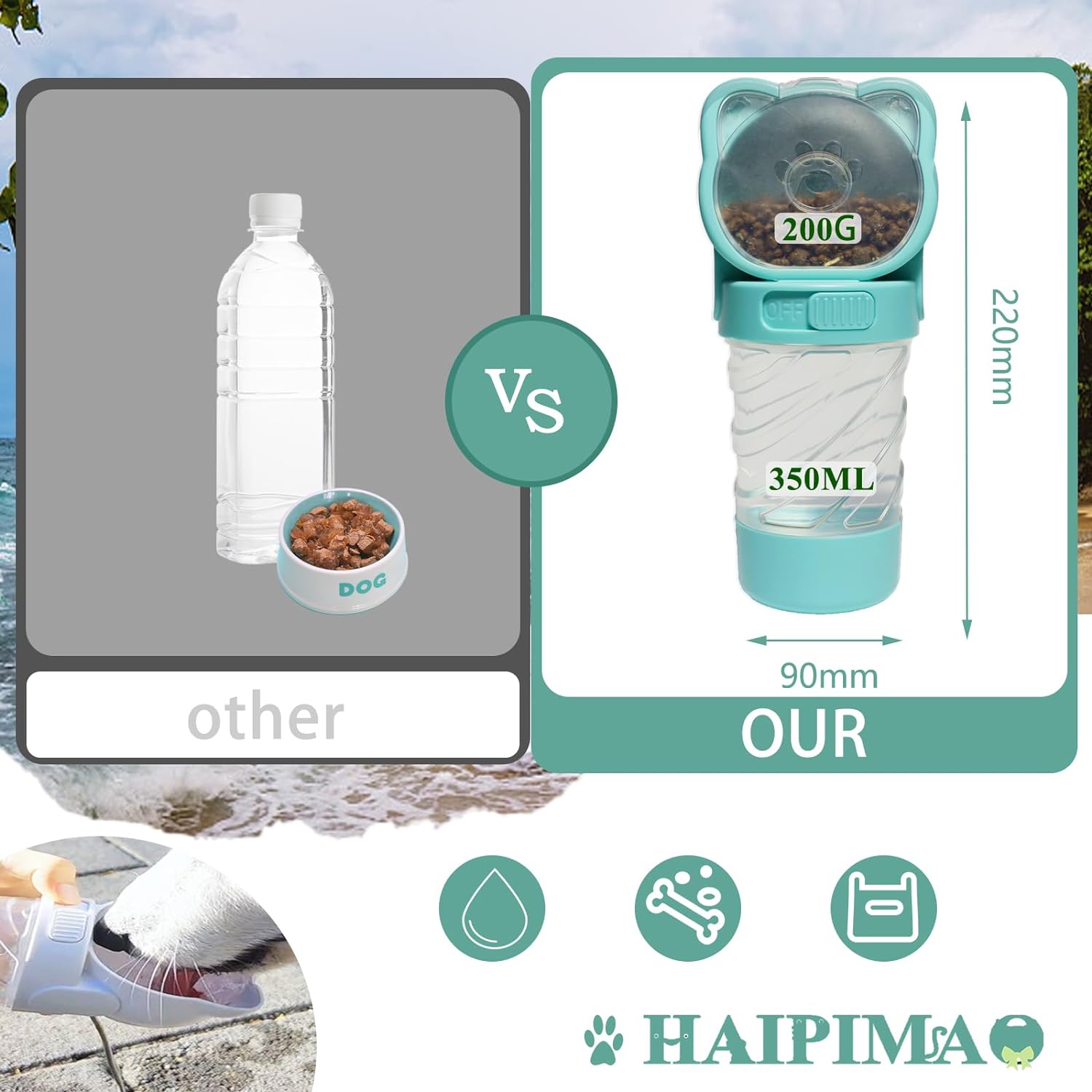 3-in-1 Portable Pet Water Bottle with Food Container & Bag Dispenser