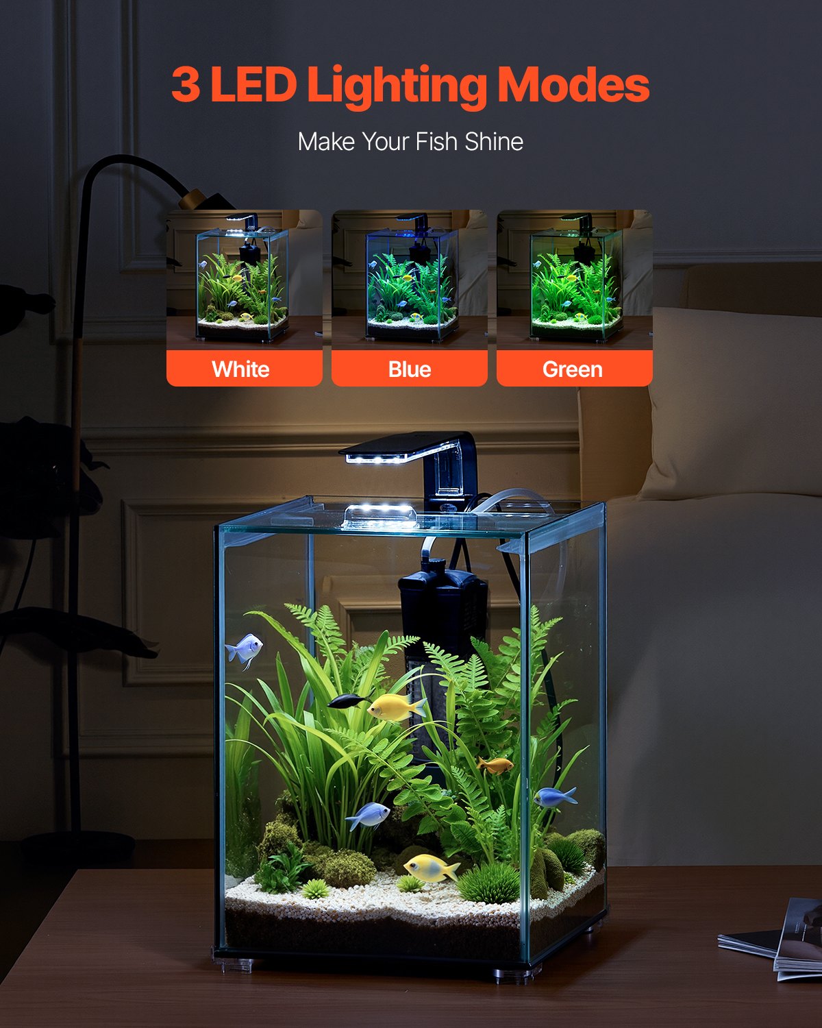 Fish Tank Aquarium, 5 Gallon Square Ultra-Clear Glass Starter Smart Tank Adjustable 3 Color Lighting, Self Cleaning System Fishbowl For Freshwater & Saltwater Fish Home, Office, Or Pet Use
