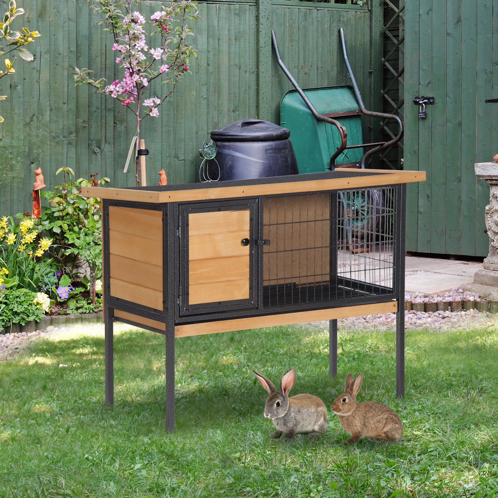 Elevated Wooden Rabbit Hutch — Indoor/Outdoor with Slide-Out Tray
