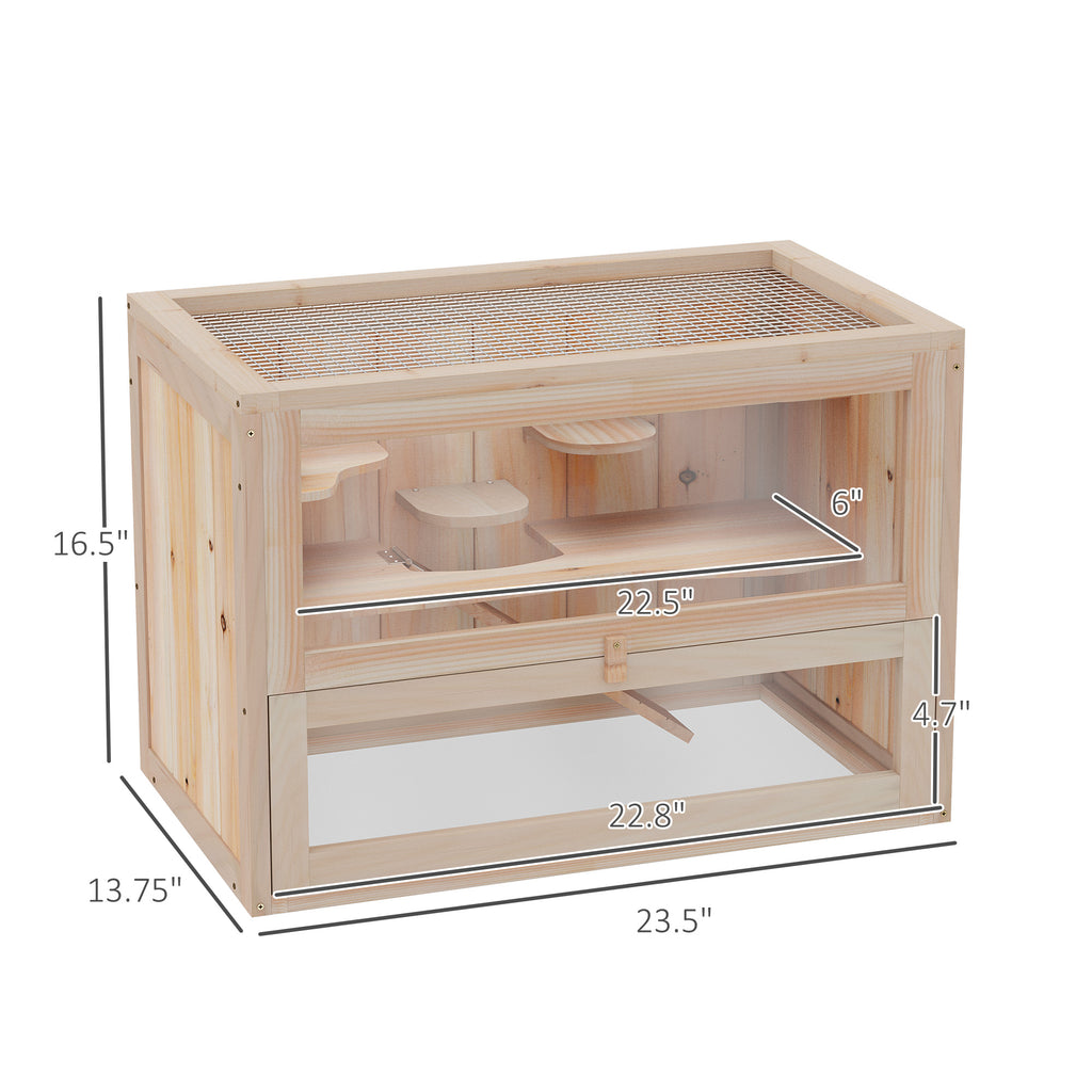 2-Level Wooden Hamster House with Glass Front & Opening Roof