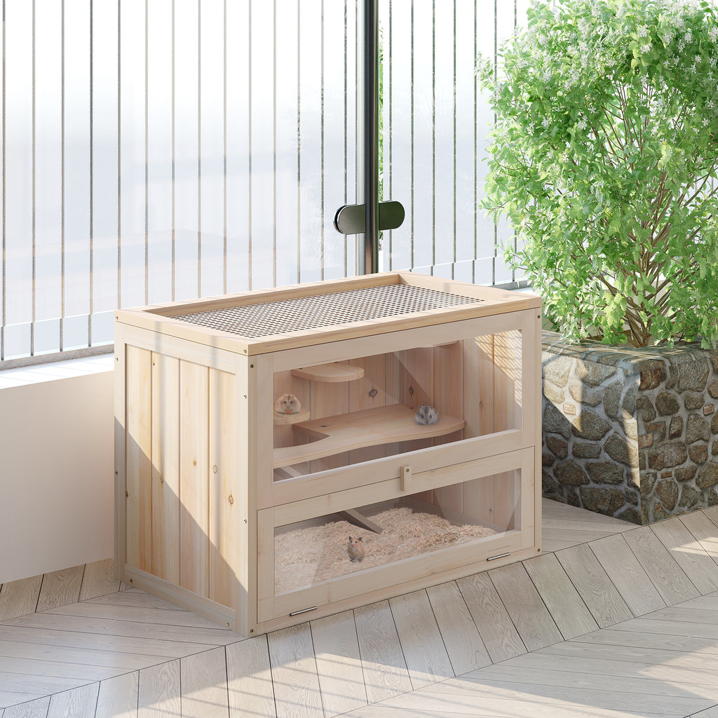 2-Level Wooden Hamster House with Glass Front & Opening Roof
